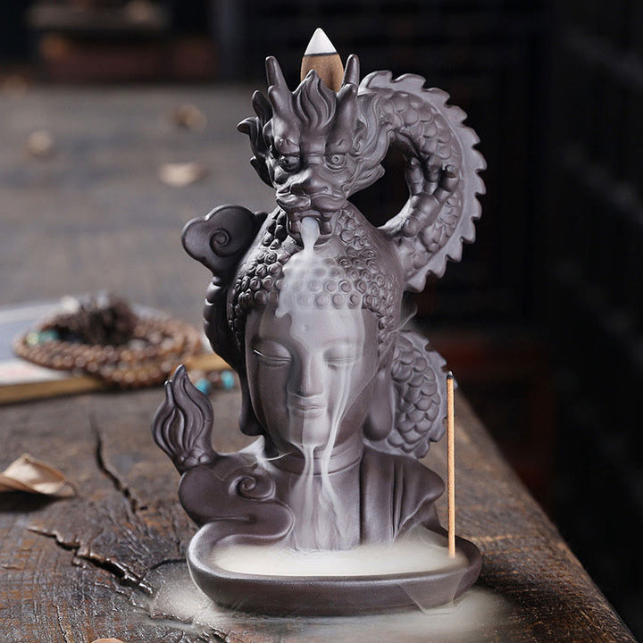 Buddha Stones Dragon Buddha Auspicious Clouds Purple Clay Healing Incense Burner Decoration