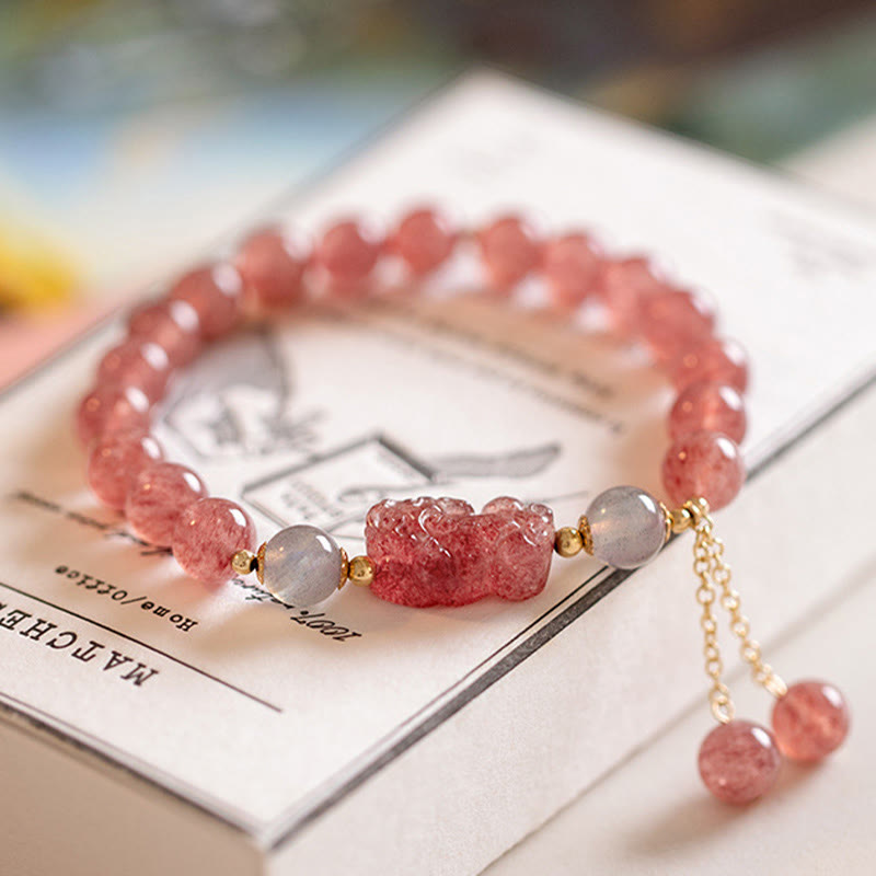 Buddha Stones Natural Strawberry Quartz Moonstone PiXiu Love Healing Bracelet