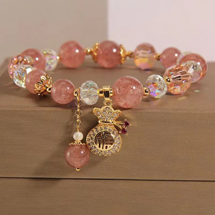 FREE Today: Love Healing Natural Strawberry Quartz Crystal Money Bag Charm Positive Bracelet