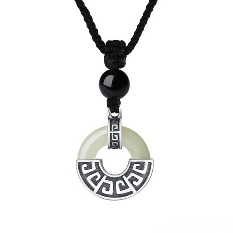 Buddha Stones 925 Sterling Silver Natural Hetian Jade Peace Buckle Prosperity Necklace Pendant