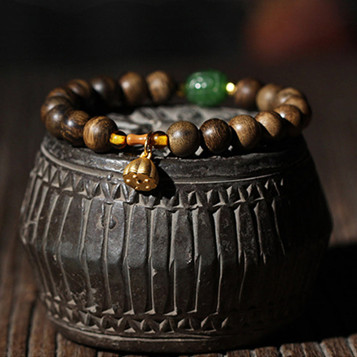 Buddha Stones 999 Gold Brunei Agarwood Cyan Jade Lotus Flower Peace Strength Bracelet