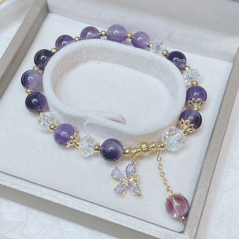 Buddha Stones Natural Amethyst Crystal Spiritual Butterfly Charm Bracelet