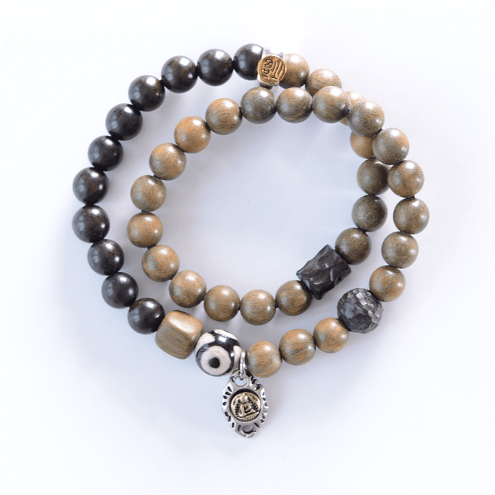 Buddha Stones Tibetan Green Sandalwood Ebony Wood Three-eyed Dzi Bead Fu Character Balance Peace Double Wrap Bracelet