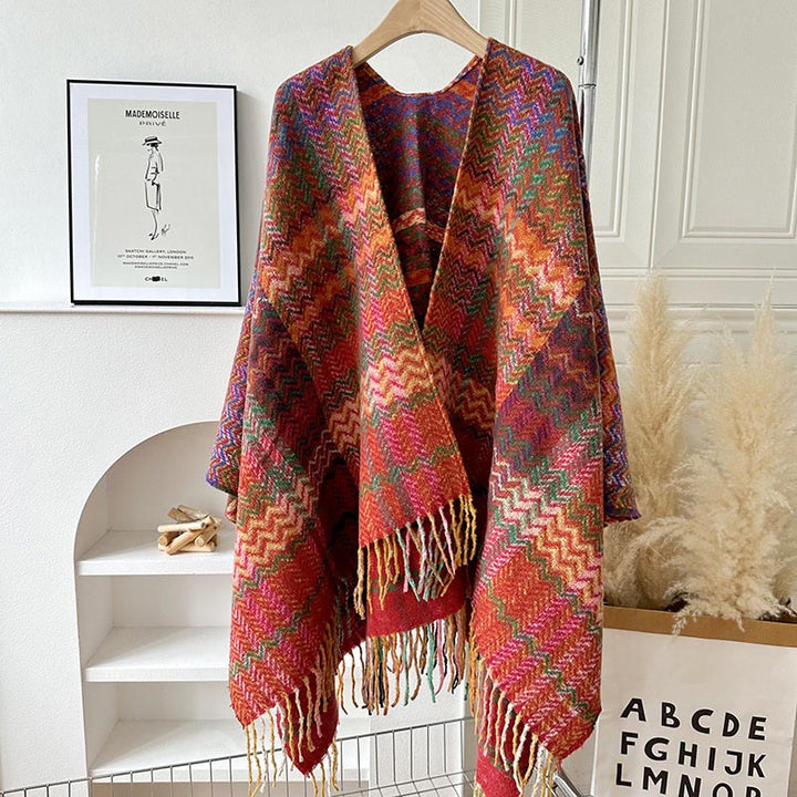 Buddha Stones Tibetan Shawl Colorful Wavy Striped Shapes Tassels Winter Cozy Travel Scarf Wrap