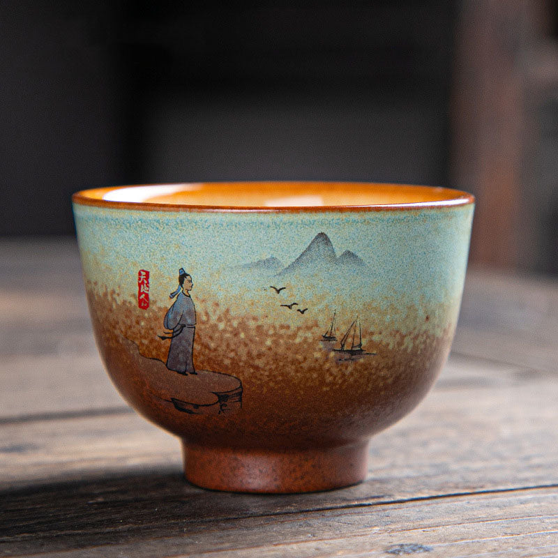 Buddha Stones Colorful Deer Pipa Snow Plum Blossoms Mountains Rivers Bird Ceramic Teacup Kung Fu Tea Cup Bowl