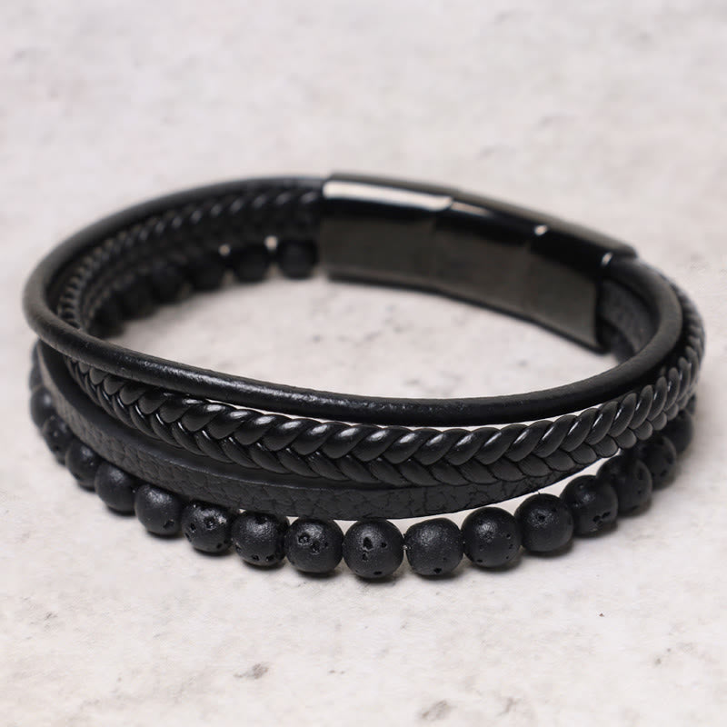 Buddha Stones Natural Lava Rock Black Onyx Bead Leather Bracelet