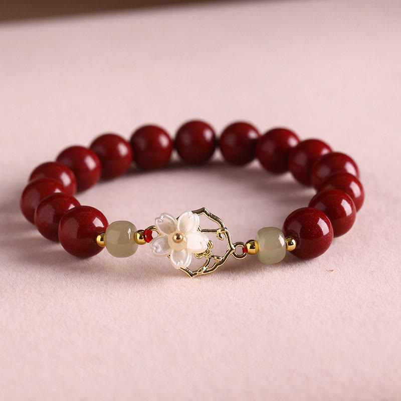 Buddha Stones Natural Cinnabar Jade Beaded Tridacna Stone Flower Blessing Bracelet