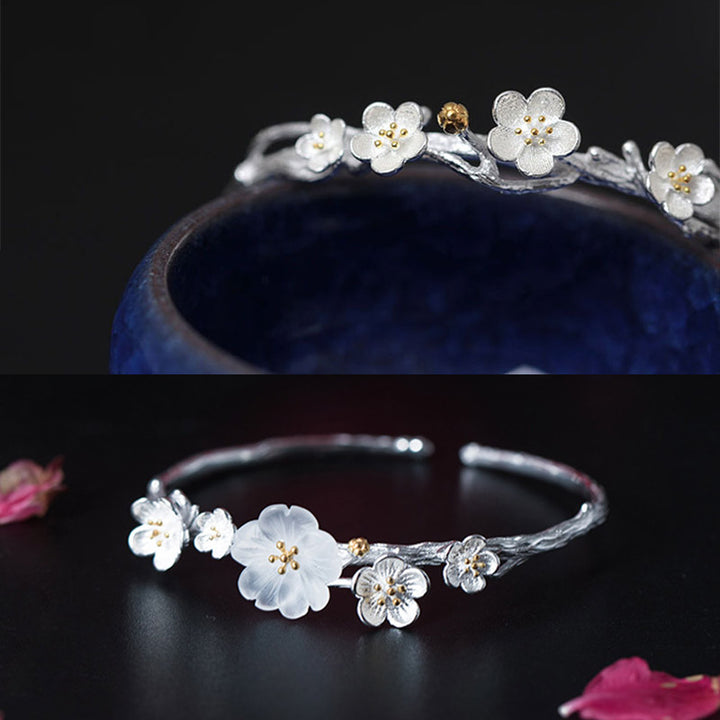 925 Sterling Silver Plum Flower Blessing Bracelet Adjustable Bangle