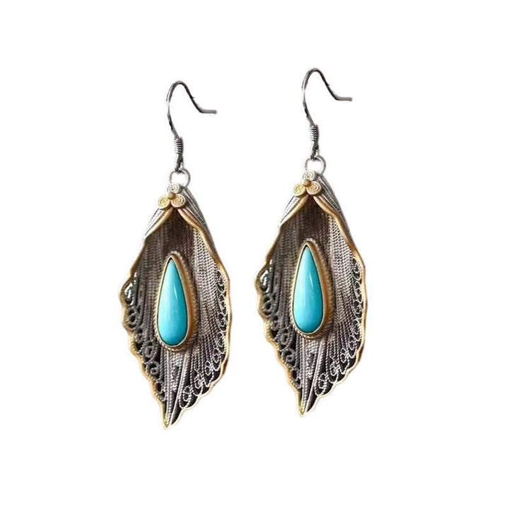 925 Sterling Silver Turquoise Bodhi Leaf Pattern Protection Drop Dangle Earrings