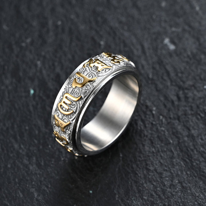 Buddha Stones Om Mani Padme Hum Balance Calm Titanium Steel Ring