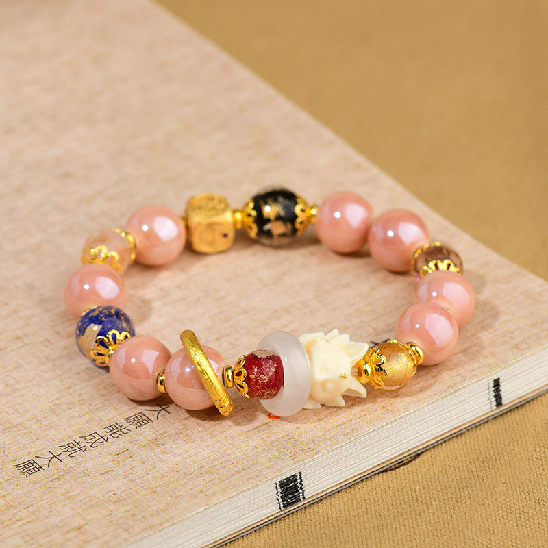 Buddha Stones Tibetan Incense Ash Liuli Glass Bead Luck Protection Nine-Tailed Fox Bracelet