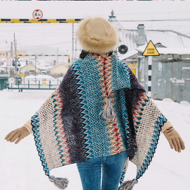 Tibetan Shawl Blue Beige Red Wavy Pattern Winter Warm Tassel Scarf