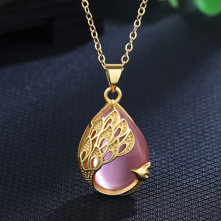 Pink Crystal Green Chalcedony Peacock Copper Soothing Love Necklace Pendant