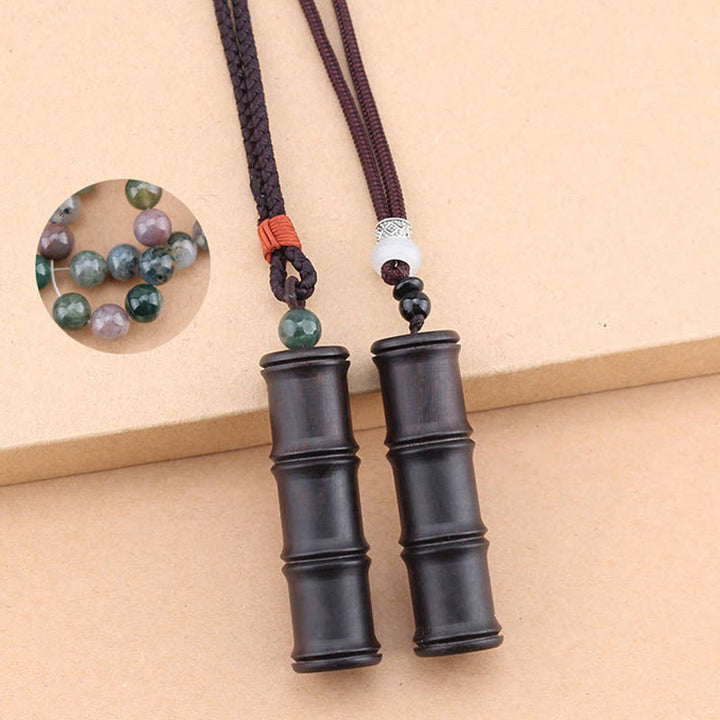 Buddha Stones Ebony Wood Bamboo Pattern Ghau Prayer Box Peace Necklace Pendant