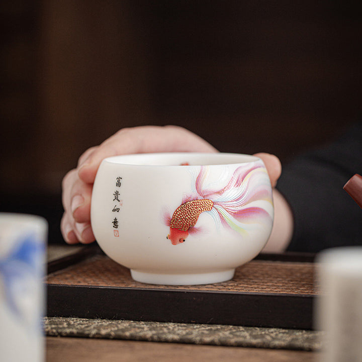 Buddha Stones Koi Fish White Porcelain Ceramic Teacup Kung Fu Tea Cup