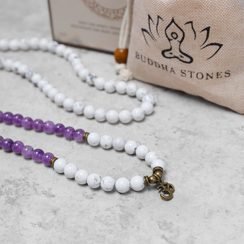 108 Mala Beads Amethyst White Turquoise OM Healing Meditation Energy Bracelet