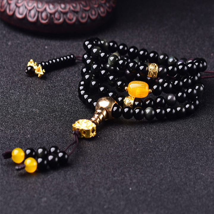 Buddha Stones 108 Beads Natural Black Obsidian Lotus Fulfilment Mala Bracelet