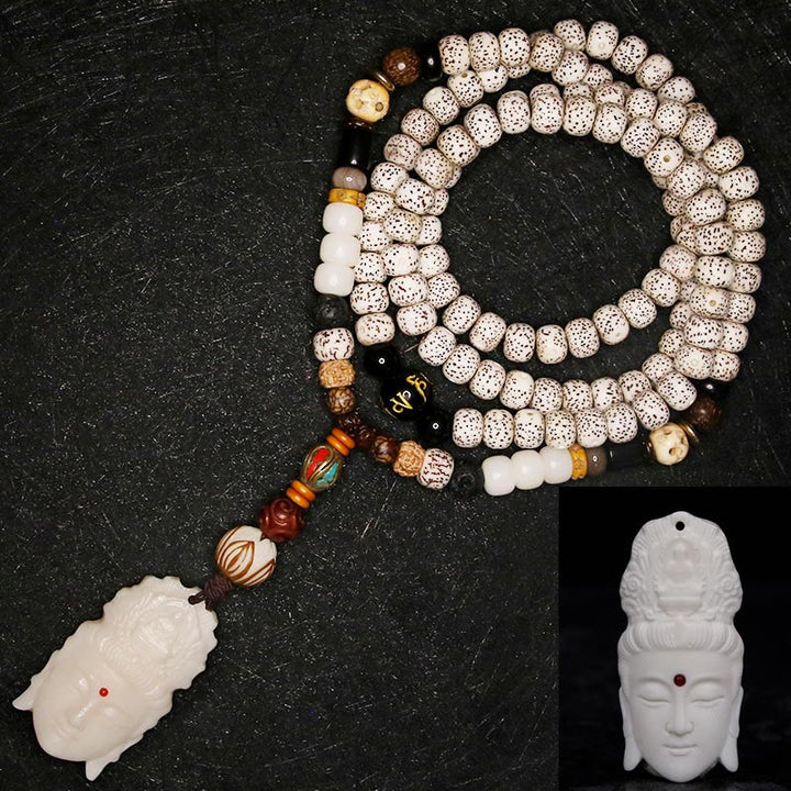 108 Mala Beads Bodhi Seed Yak Bone Avalokitesvara Lucky Pixiu Guan Gong Buddha Demon Peace Tassel Bracelet