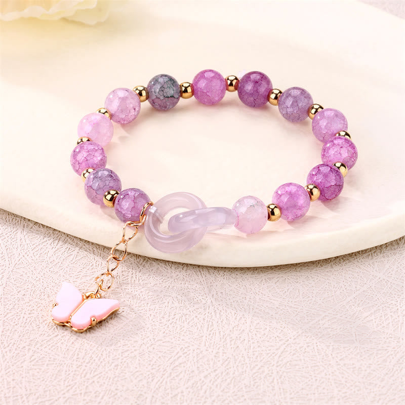 Buddha Stones Glass Bead Double Peace Buckle Butterfly Auspicious Bracelet