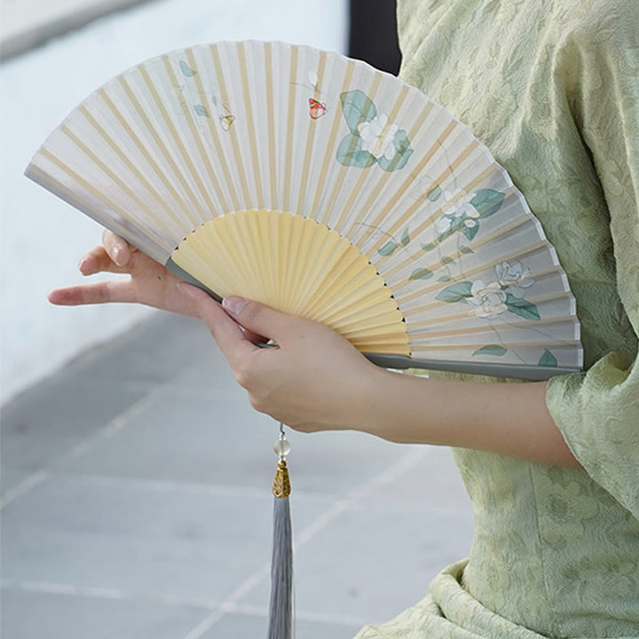 Buddha Stones Jasmine Flowers Handheld Bamboo Folding Fan