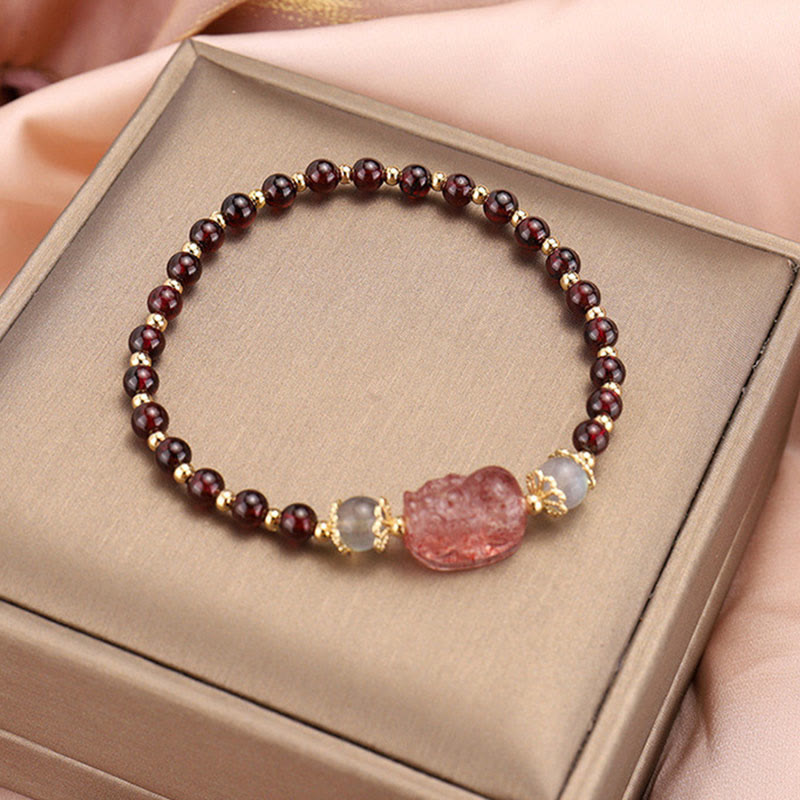 Buddha Stones Natural Tourmaline Garnet Strawberry Quartz PiXiu Moonstone Protection Bracelet