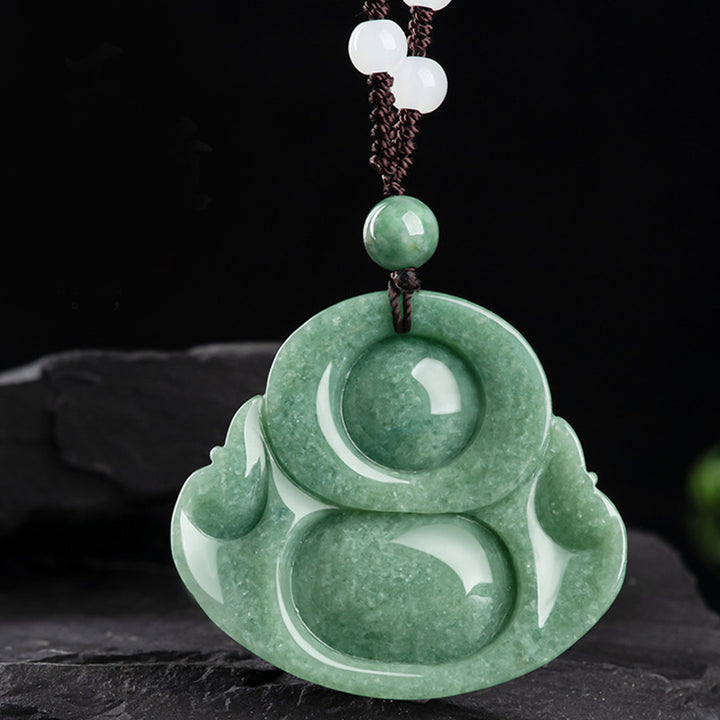 Laughing Buddha Cyan Jade Harmony Necklace String Bead Pendant