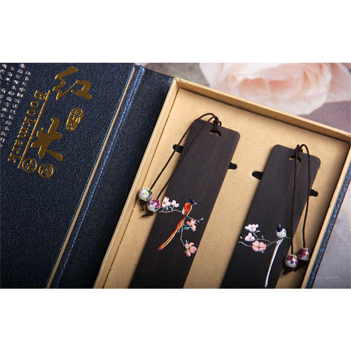 Buddha Stones Oriole Bird Flower Ebony Wood Bookmarks With Gift Box