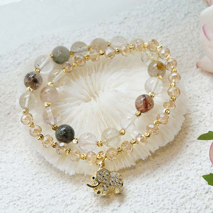 Buddha Stones Rose Quartz Elephant Healing Energy Charm Bracelet