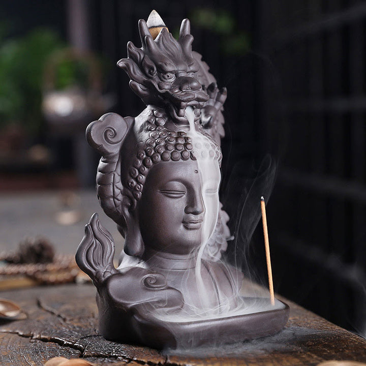 Buddha Stones Dragon Buddha Auspicious Clouds Purple Clay Healing Incense Burner Decoration