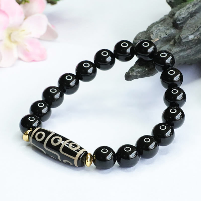 Buddha Stones Tibetan Nine-Eye Dzi Bead Black Onyx Power Bracelet