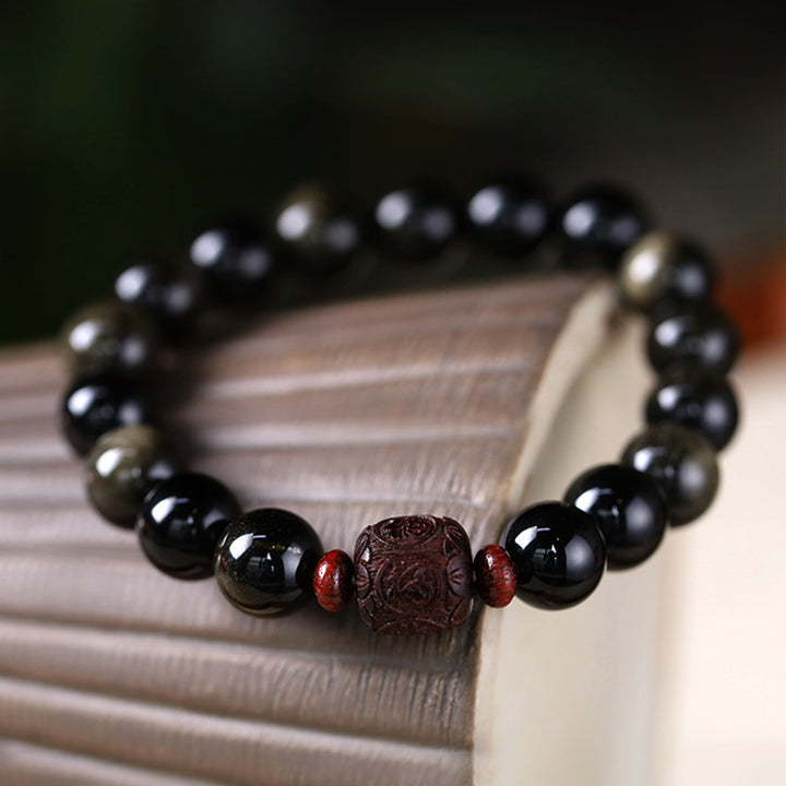 Buddha Stones Natural Gold Sheen Obsidian Rainbow Obsidian Om Mani Padme Hum Fu Character Healing Bracelet