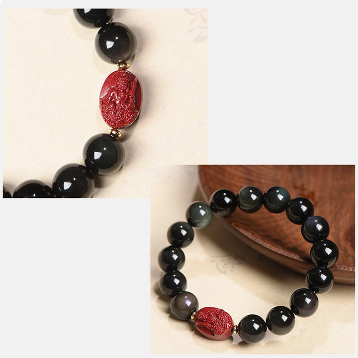 Buddha Stones Chinese Zodiac Natal Buddha Natural Black Obsidian Cinnabar Purification Bracelet