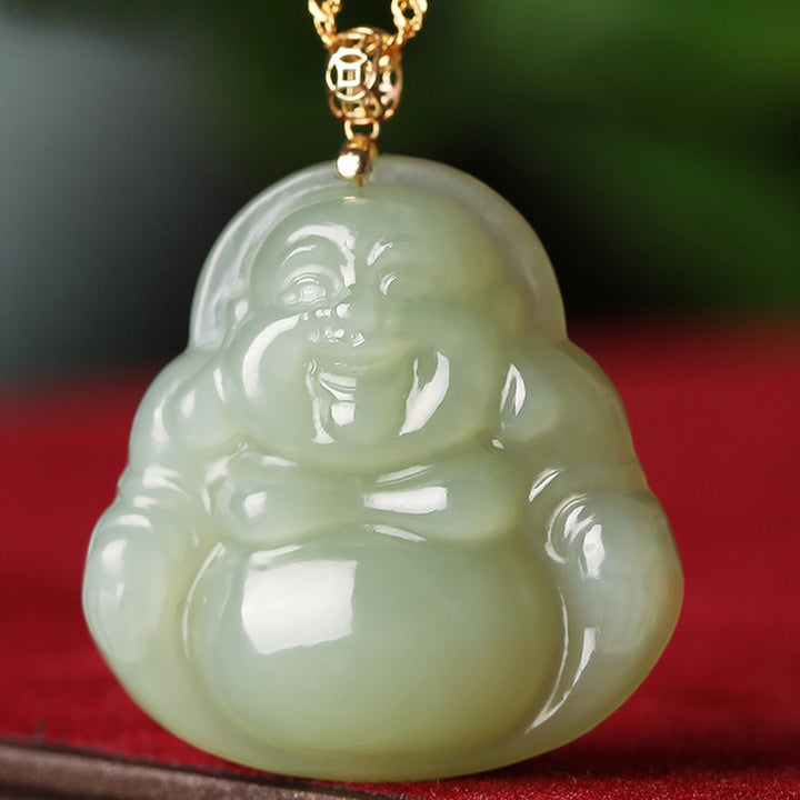 925 Sterling Silver Laughing Buddha Cyan Jade 18K Gold Success Necklace Pendant