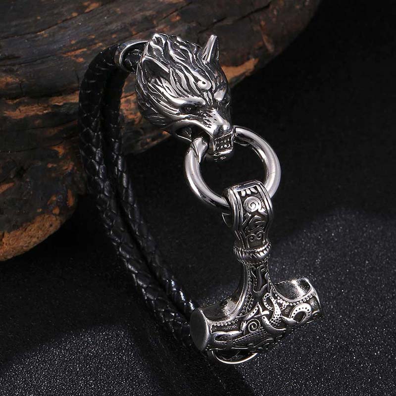 Buddha Stones Wolf Head Titanium Steel Leather Weave Blessing Bracelet