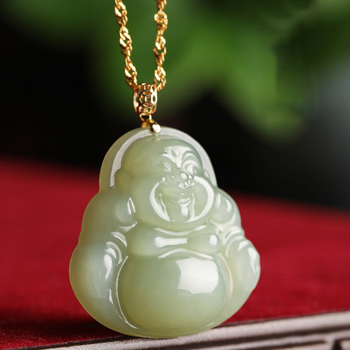 925 Sterling Silver Laughing Buddha Cyan Jade 18K Gold Success Necklace Pendant