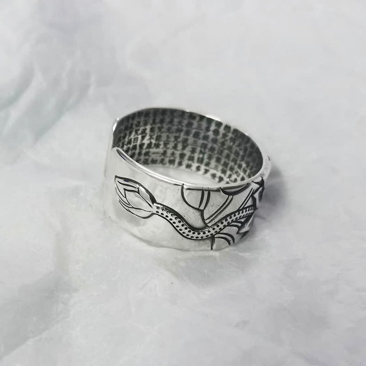 999 Sterling Silver Lotus Symbol Heart Sutra Protection Ring