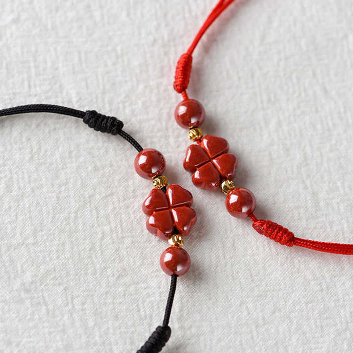 Buddha Stones Four Leaf Clover Cinnabar Blessing Calm String Bracelet Anklet