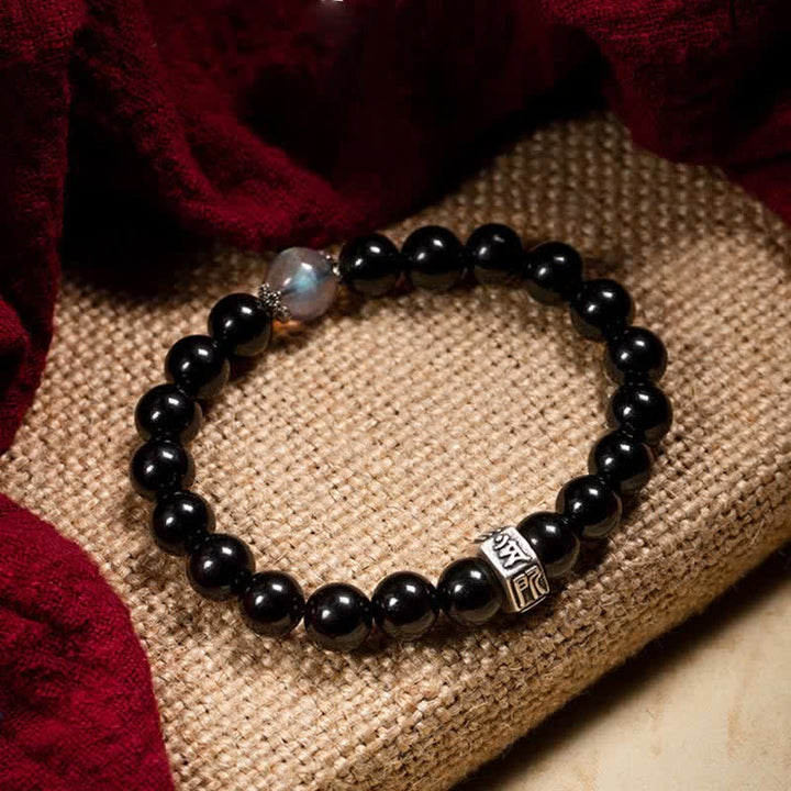 Chinese Zodiac Natal Buddha 925 Sterling Silver Black Obsidian Moonstone Strength Bracelet