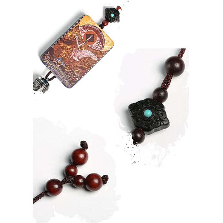 Buddha Stones Vintage Handmade Auspicious Crane Ebony Wood Balance Tassel Car Hanging Decoration