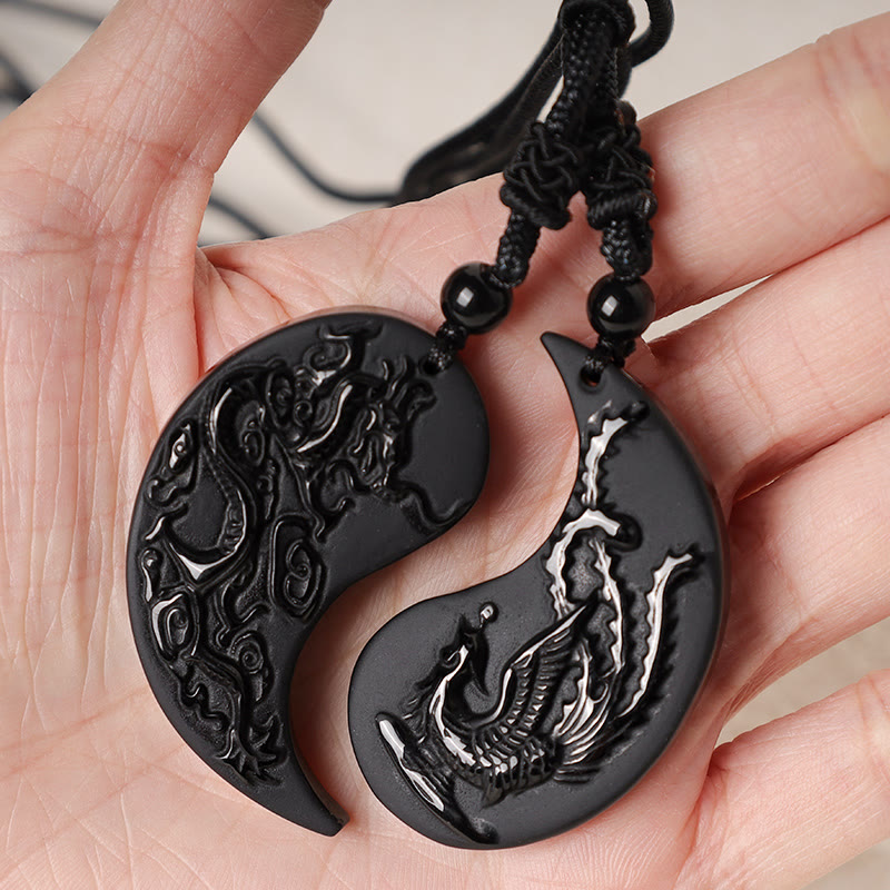 Buddha Stones Black Obsidian Yin Yang Dragon Phoenix Luck Necklace Pendant