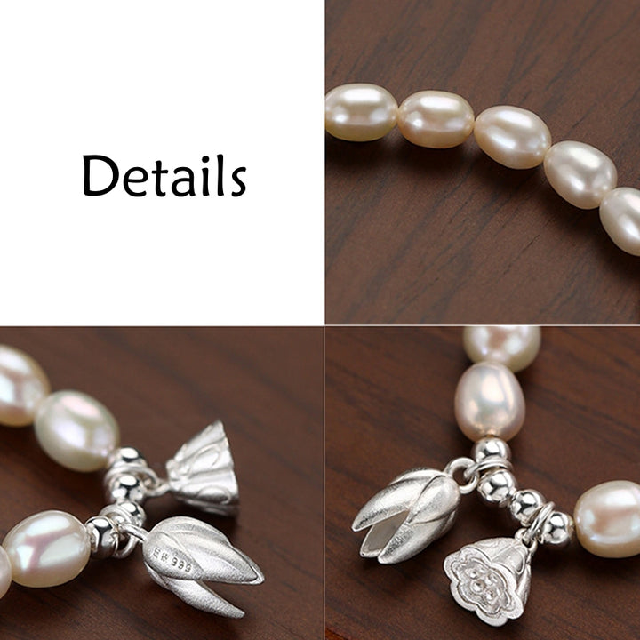 Buddha Stones 999 Sterling Silver Lotus Flower Pod Natural Pearl Healing Bracelet