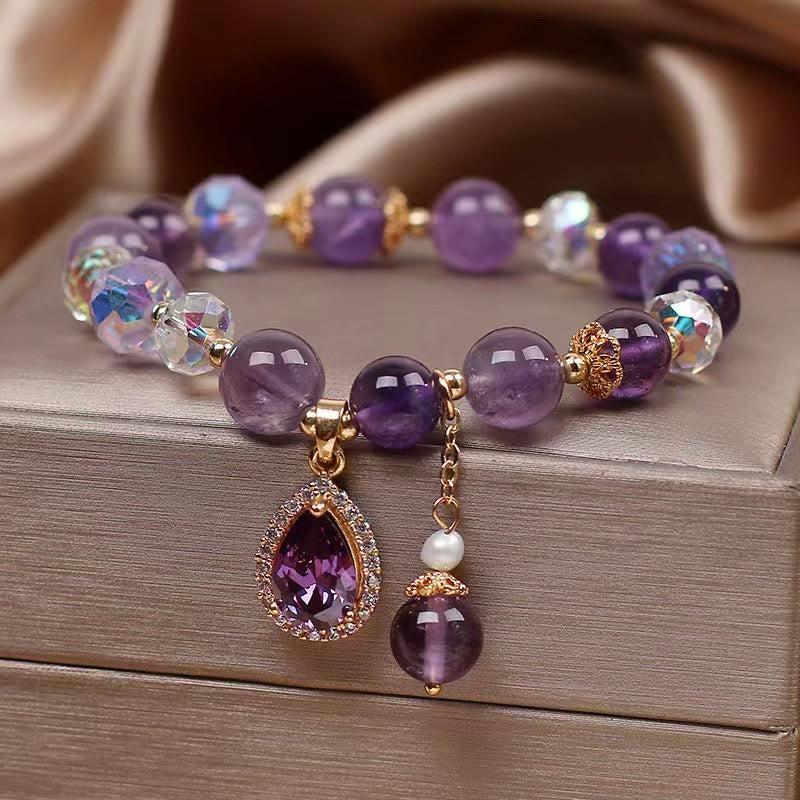 Natural Amethyst Zircon Love Heart Healing Soul Charm Bracelet