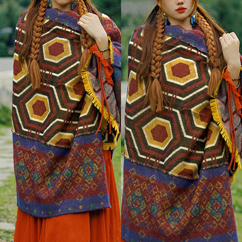 Buddha Stones Tibetan Shawl Brown Blue Red Geometric Shapes Pattern Winter Cozy Travel Scarf Wrap