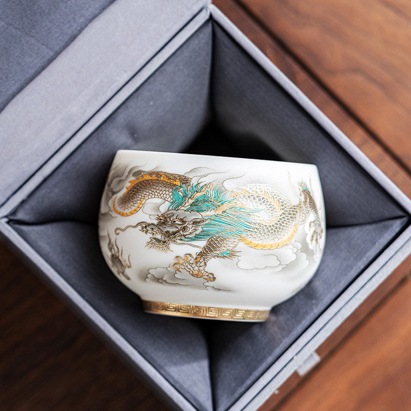 Buddha Stones Dragon Phoenix Auspicious Clouds Ceramic Teacup Kung Fu Tea Cup With Gift Box