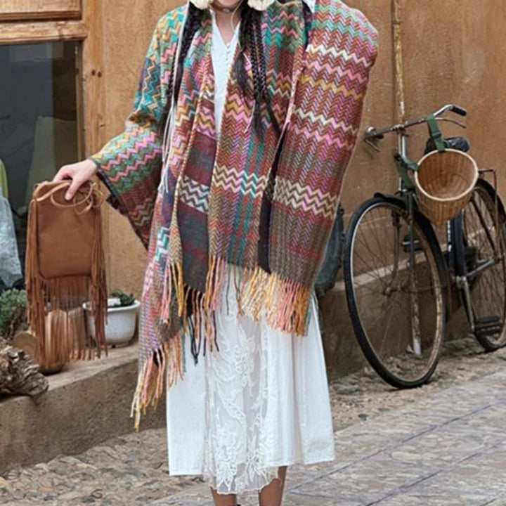 Buddha Stones Tibetan Shawl Colorful Wavy Striped Shapes Tassels Winter Cozy Travel Scarf Wrap