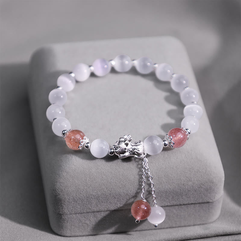 Buddha Stones Natural Cat's Eye Moonstone Strawberry Quartz PiXiu Support Bracelet