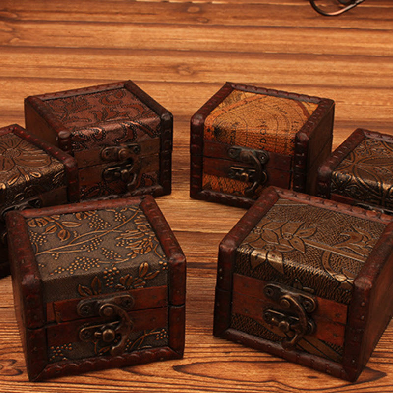 Buddha Stones Retro Small Square Wood Jewelry Box Lotus Grass Flower Grape Copper Coin Daffodil Jewelry Storage Box