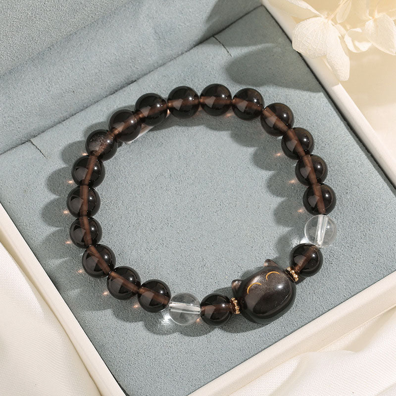 Buddha Stones Natural Ice Obsidian Silver Sheen Obsidian Cute Cat Positive Bracelet