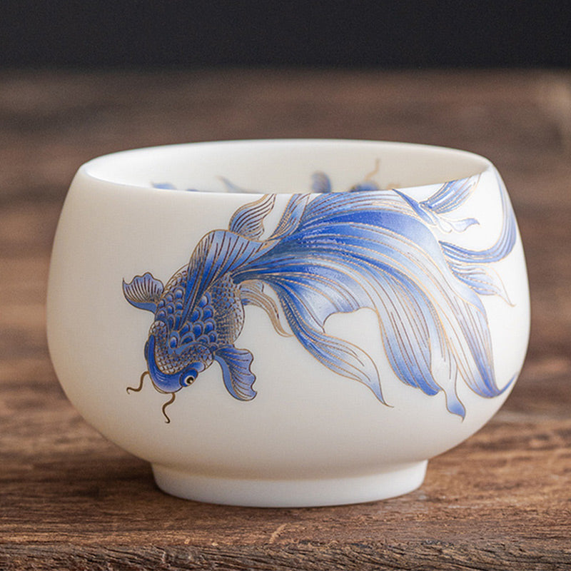 Buddha Stones Koi Fish White Porcelain Ceramic Teacup Kung Fu Tea Cup