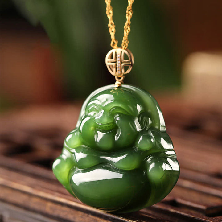 925 Sterling Silver Laughing Buddha Hetian Cyan Jade 18K Gold Success Necklace Chain Pendant